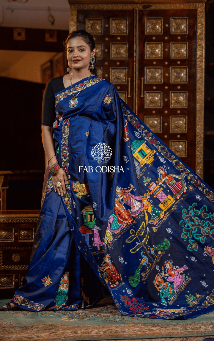 MAYUR PANKHI VANA SHRUSTI PATTACHITRA HANDPAINTED PURE SILK SAREE