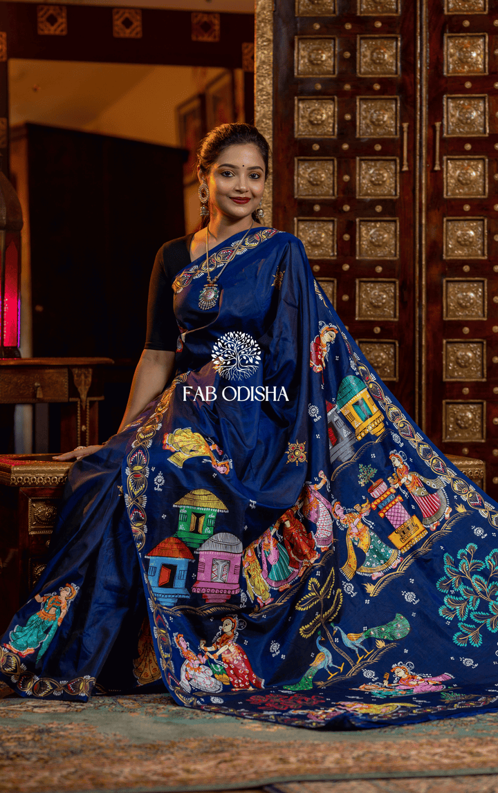 MAYUR PANKHI VANA SHRUSTI PATTACHITRA HANDPAINTED PURE SILK SAREE