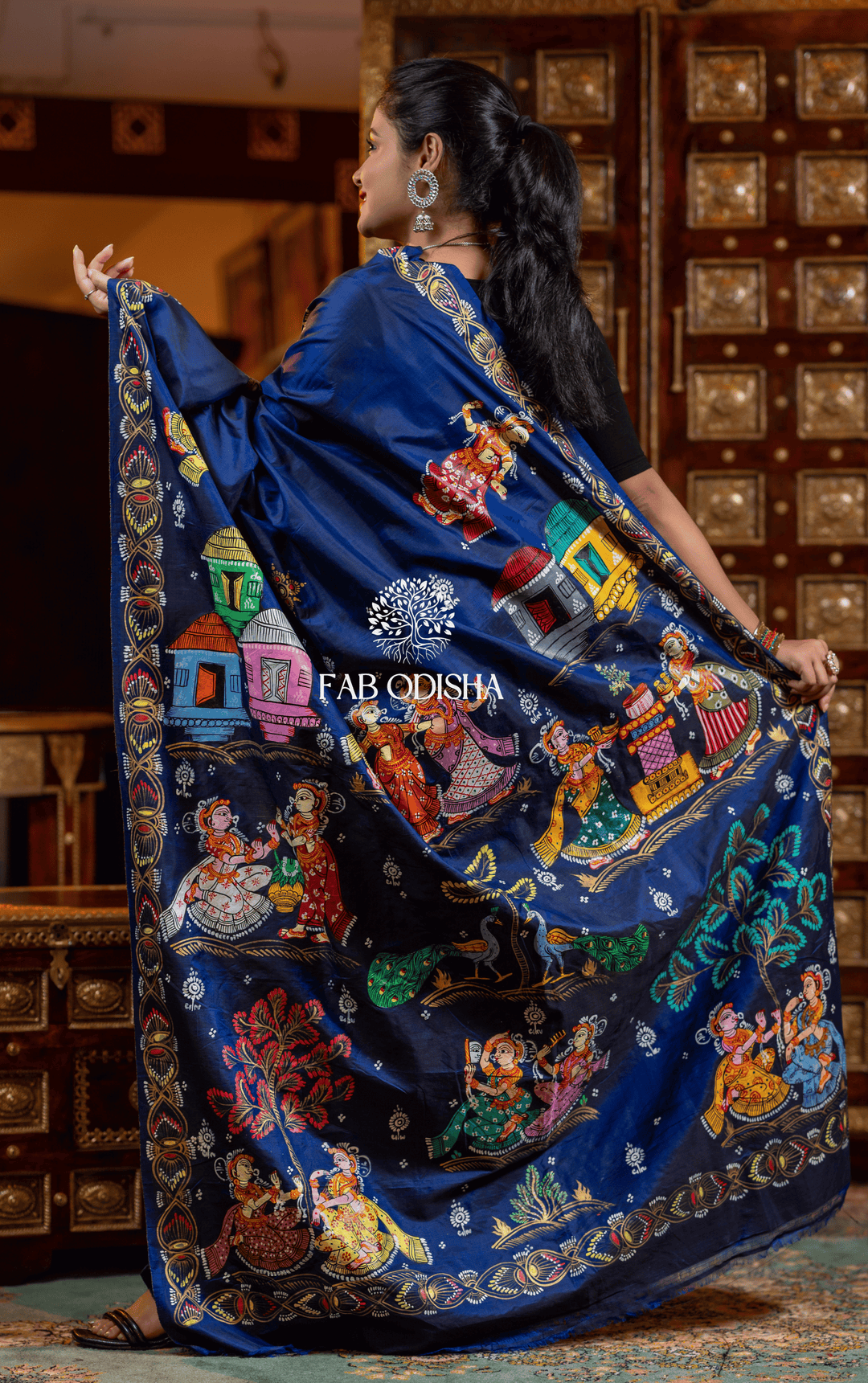 MAYUR PANKHI VANA SHRUSTI PATTACHITRA HANDPAINTED PURE SILK SAREE