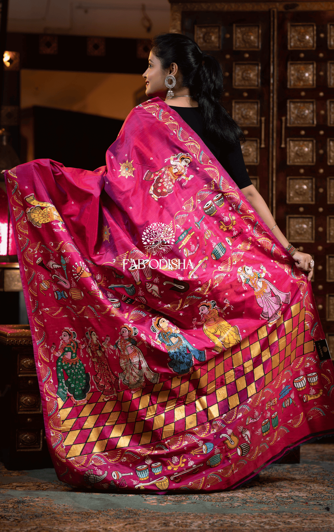 MRIDANGAM NARTAKI INSTRUMENTAL THEMED PATTACHITRA PURE SILK SAREE