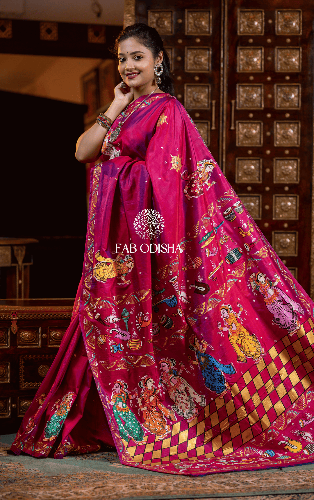 MRIDANGAM NARTAKI INSTRUMENTAL THEMED PATTACHITRA PURE SILK SAREE