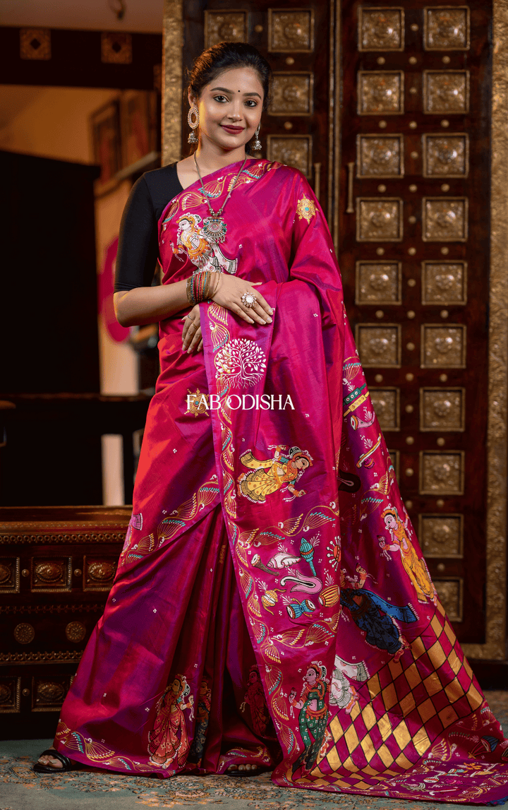 MRIDANGAM NARTAKI INSTRUMENTAL THEMED PATTACHITRA PURE SILK SAREE