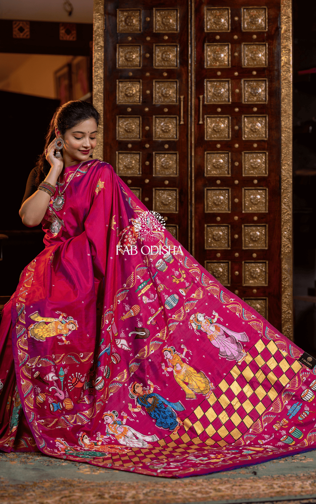 MRIDANGAM NARTAKI INSTRUMENTAL THEMED PATTACHITRA PURE SILK SAREE