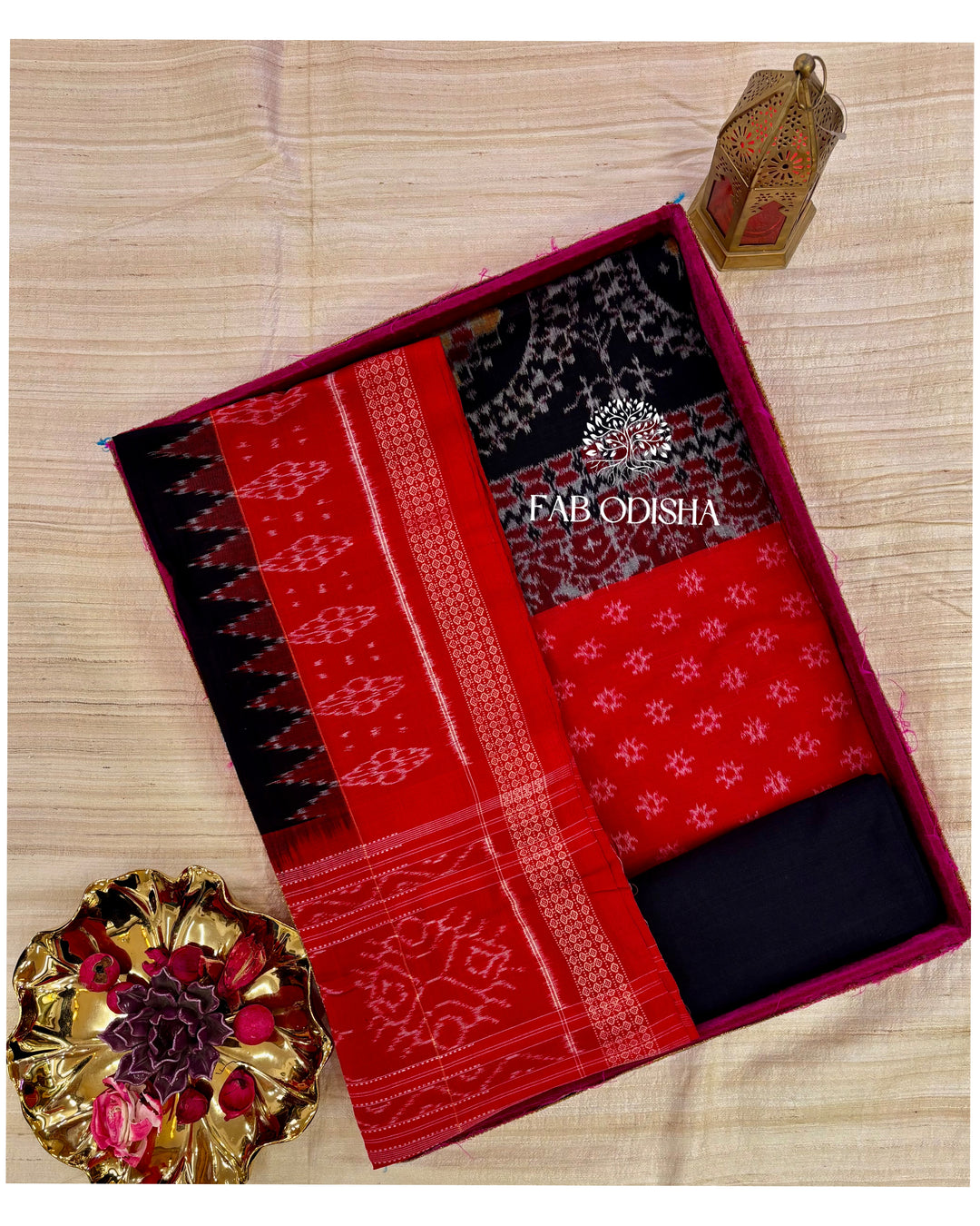 DESIGNER TRIBAL  RED BLACK SAMBALPURI DOUBLE IKAT HANDWOVEN COTTON DRESS MATERIAL SET