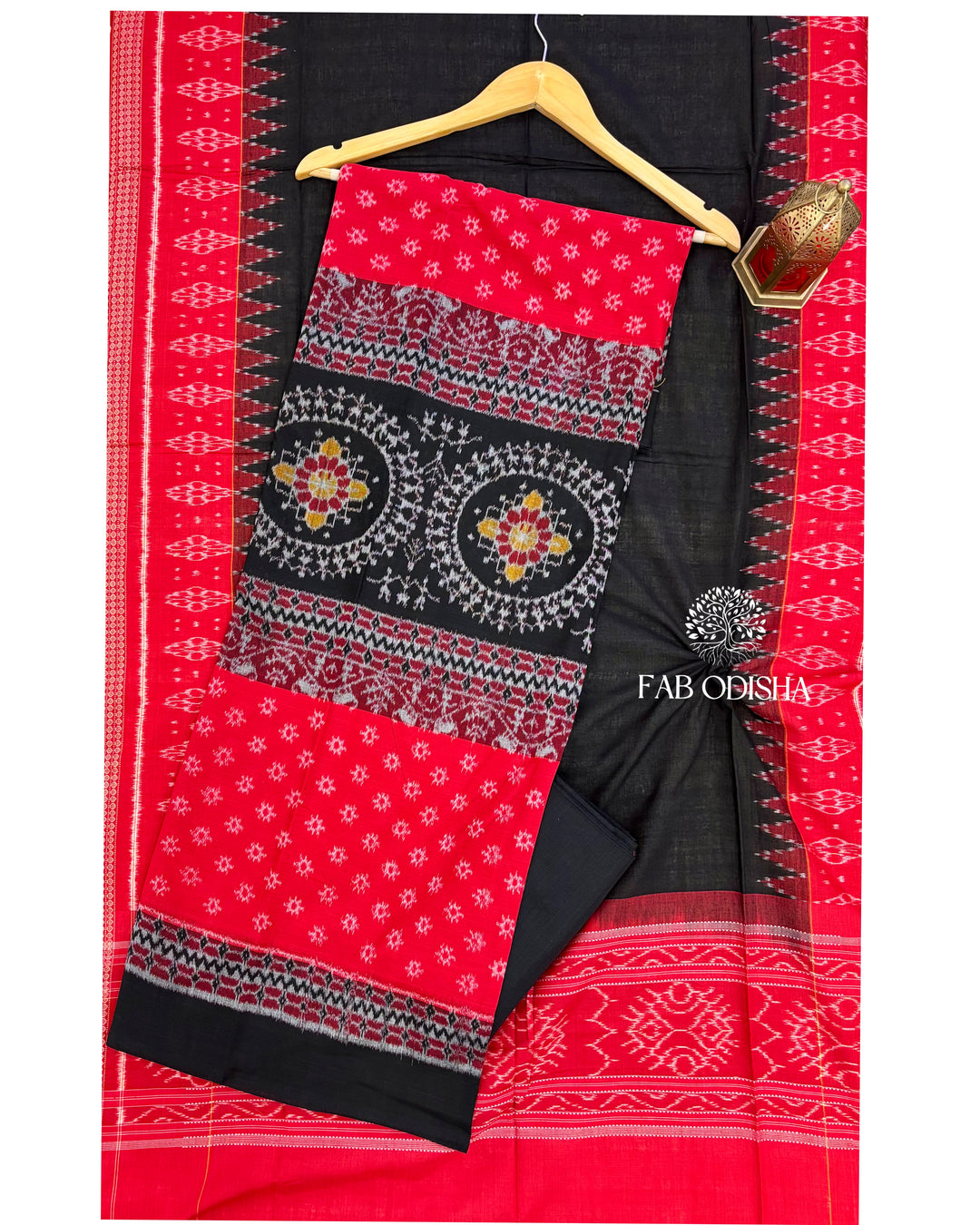 DESIGNER TRIBAL  RED BLACK SAMBALPURI DOUBLE IKAT HANDWOVEN COTTON DRESS MATERIAL SET