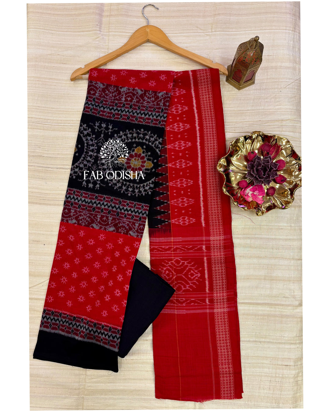 DESIGNER TRIBAL  RED BLACK SAMBALPURI DOUBLE IKAT HANDWOVEN COTTON DRESS MATERIAL SET