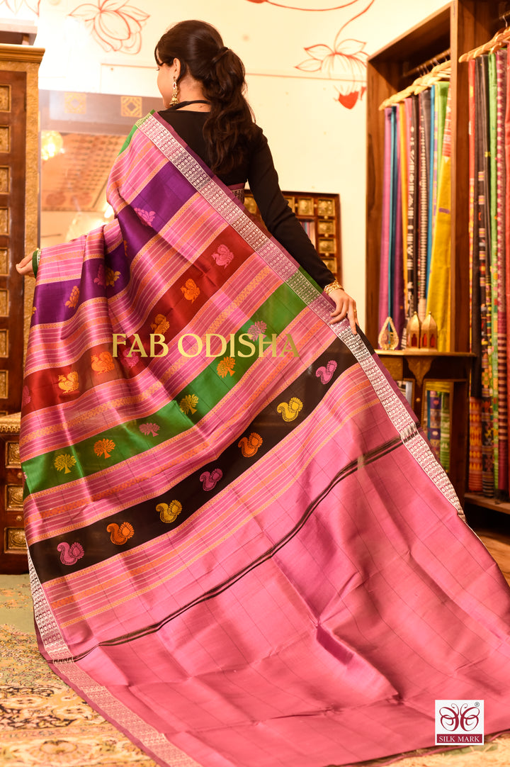 “RAANG-DE- BASANTI” RESPLENDENT DOUBLE ANCHAL BERHAMPURI SILK PATTA SAREE