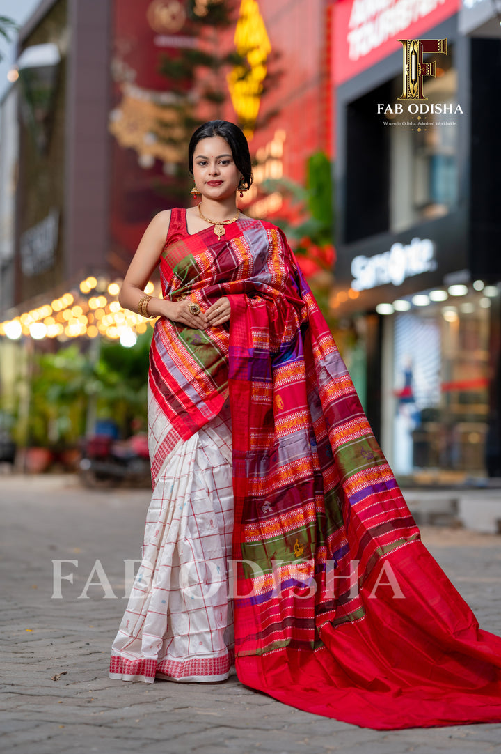 RAJNIGANDHA DEVYANI BERHAMPURI HANDLOOM DOUBLE AANCHAL PURE SILK PATTA SAREE