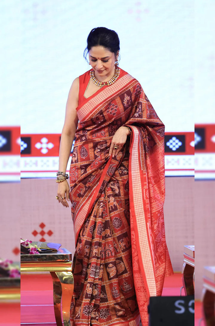 MADHURI DIXIT ODISHA HANDLOOM RUST MAROON NABAKOTHI SAMBALPURI PURE SILK SAREE