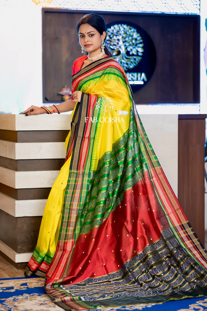 YELLOW- MELLOW EKAMRA TRAILS" MULBERRY HANDLOOM SILK SAREE