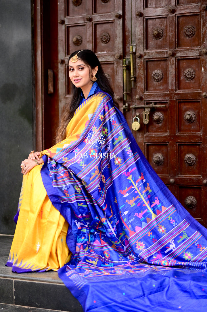 HALDI- NEEL-AMBER  SUPER FINE BOMKAI TUSSAR SILK SAREE