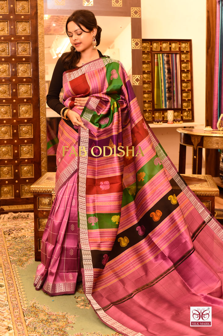 “RAANG-DE- BASANTI” RESPLENDENT DOUBLE ANCHAL BERHAMPURI SILK PATTA SAREE