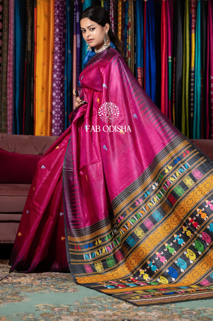 RANI RATNA DOLL MOTIF FINE TUSSAR SILK JALLA EXTRA-WEFT SAREE