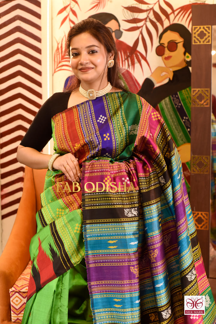 NAKSHTARA NARI BERHAMPURI DOUBLE AANCHAL PURE SILK PATTA SAREE