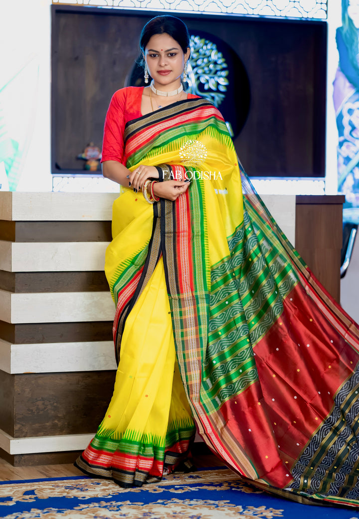 YELLOW- MELLOW EKAMRA TRAILS" MULBERRY HANDLOOM SILK SAREE