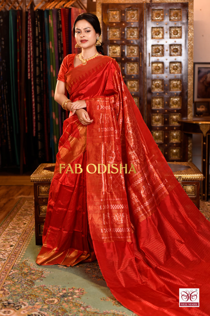 SUTRA SHAKTI LUXVANI RED EXCLUSIVE TISSUE SAMBALPURI HANDLOOM SILK SAREE