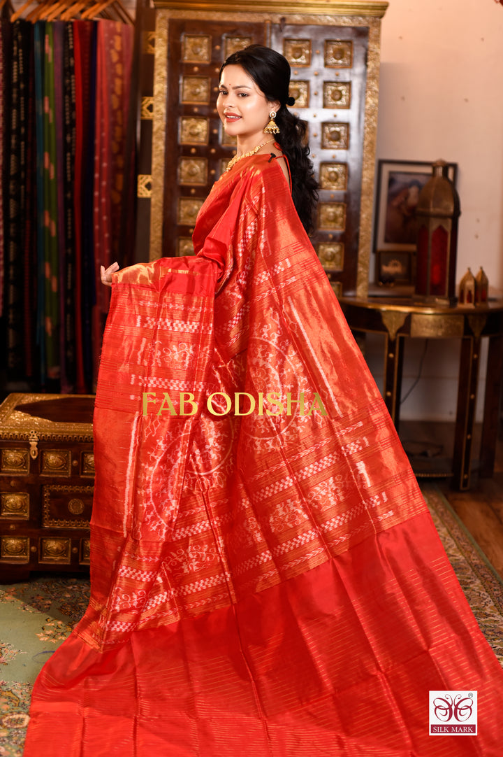 SUTRA SHAKTI LUXVANI RED EXCLUSIVE TISSUE SAMBALPURI HANDLOOM SILK SAREE