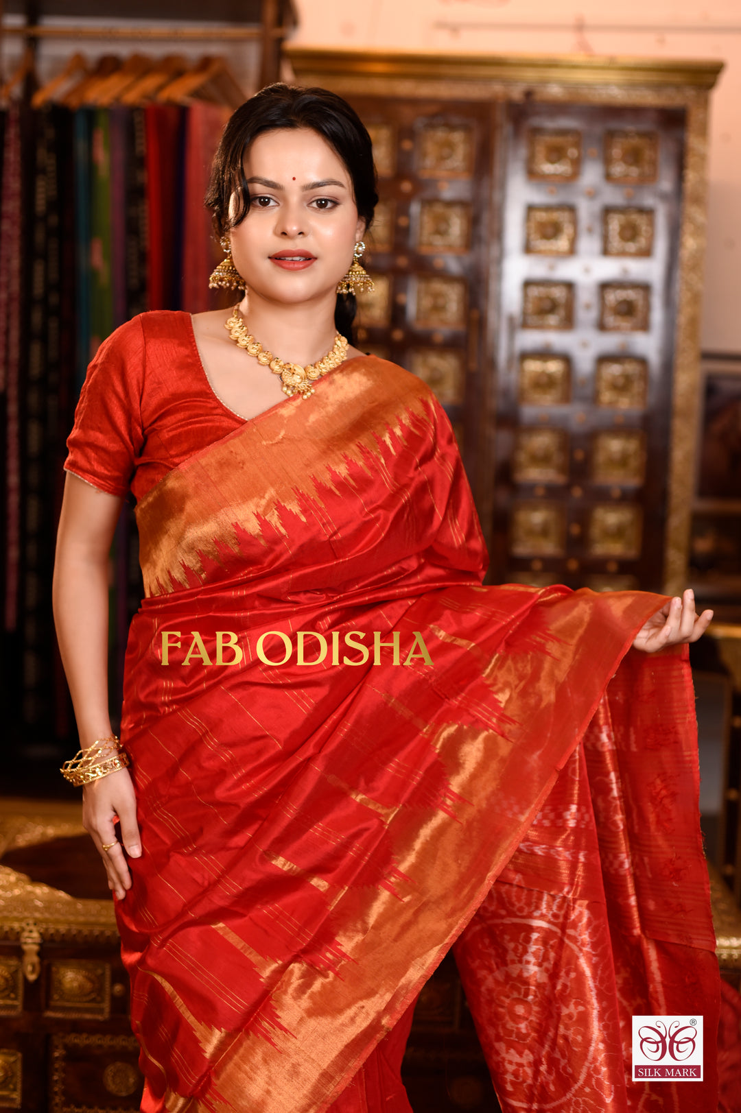 SUTRA SHAKTI LUXVANI RED EXCLUSIVE TISSUE SAMBALPURI HANDLOOM SILK SAREE