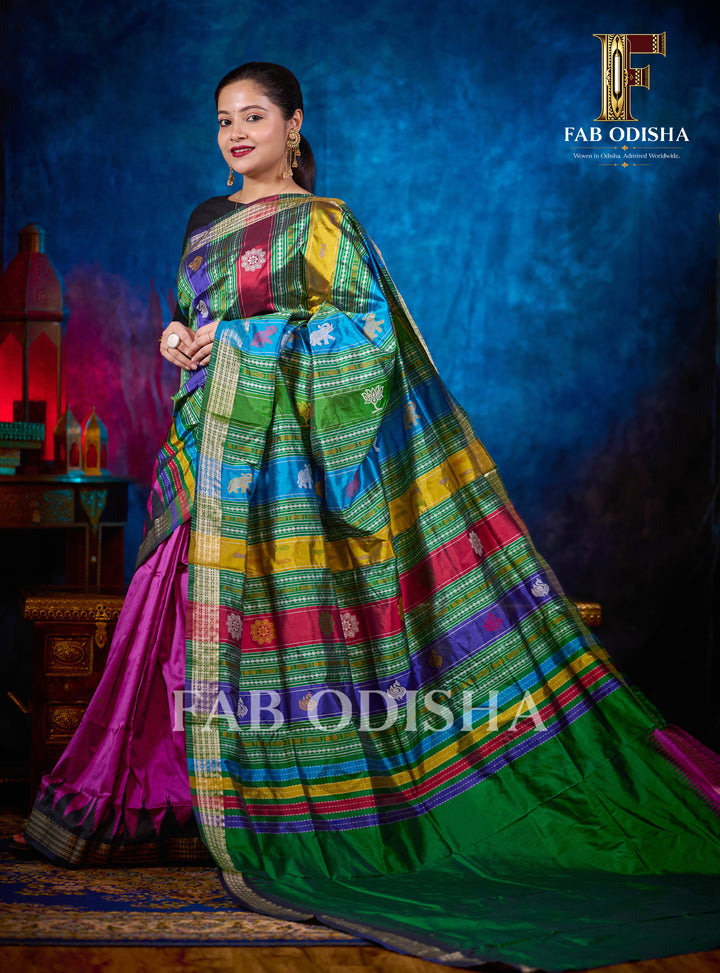 RAJ PANKHUDI BERHAMPURI DOUBLE AANCHAL PURE TISSUE SILK PATTA SAREE
