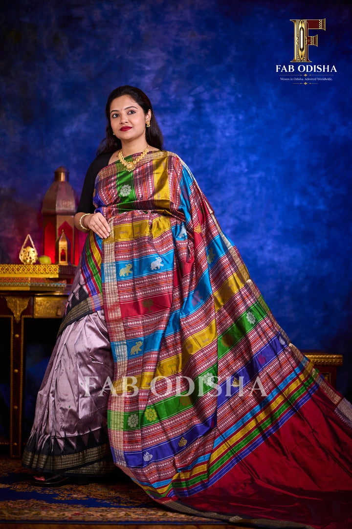 MEGHAMALHAR HALF TISSUE BERHAMPURI HANDLOOM DOUBLE AANCHAL PURE SILK PATTA SAREE