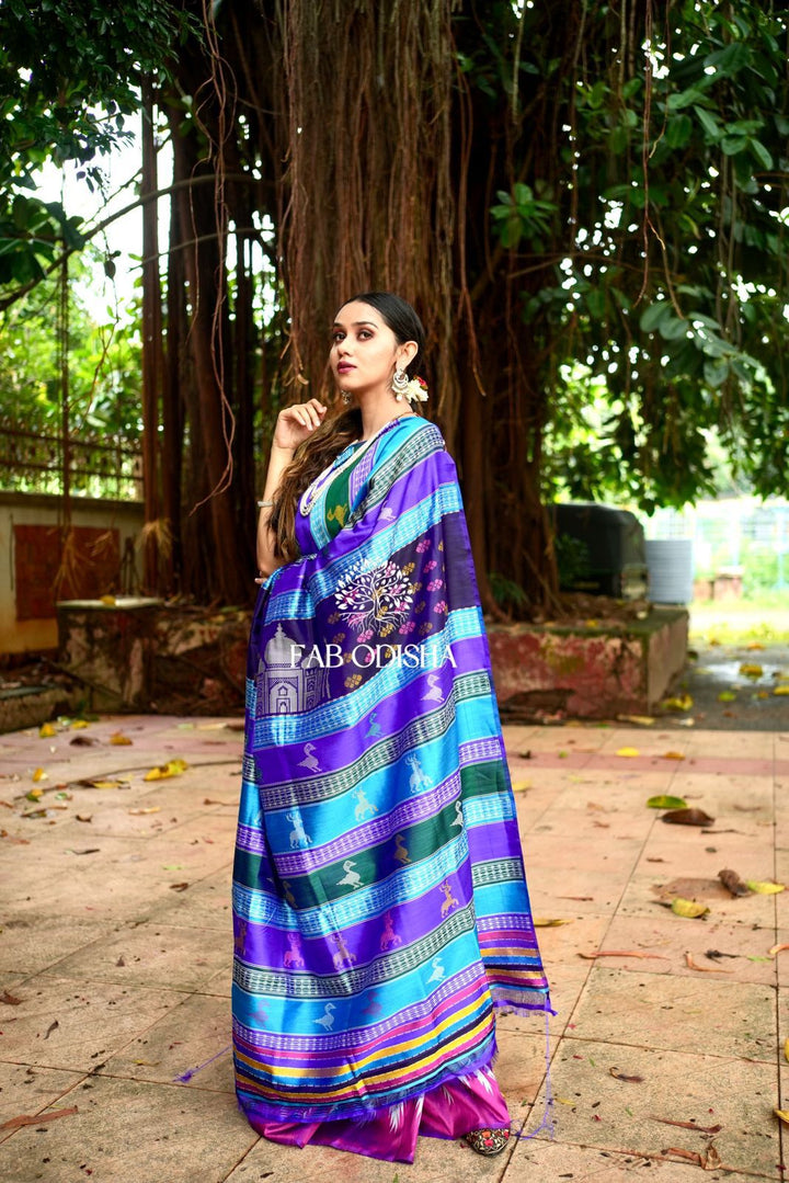 SILVER STREAKED TAJ MAHAL BERHAMPURI DOUBLE AANCHAL SAREE