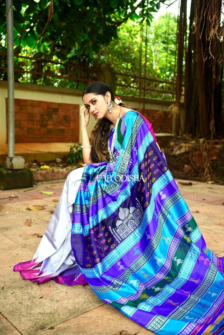 SILVER STREAKED TAJ MAHAL BERHAMPURI DOUBLE AANCHAL SAREE
