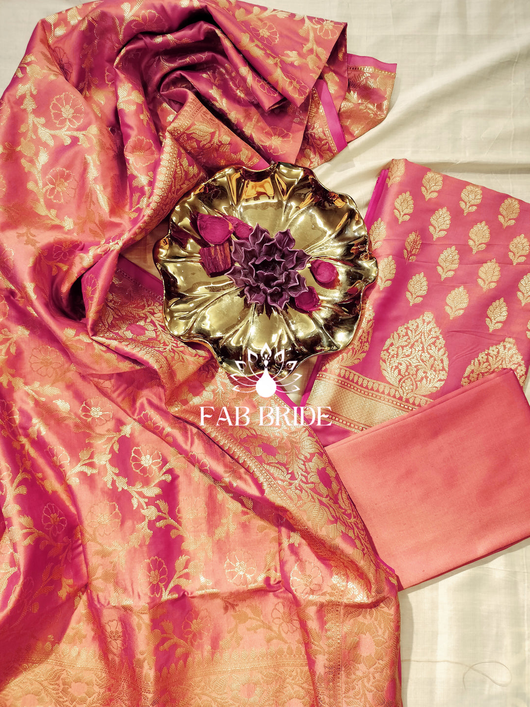 pure banarasi silk dress material QUEENLY PINK" PURE BANARASI SILK JACQUARD ZARI MOTIF UNSTITCHED DRESS Fabodisha