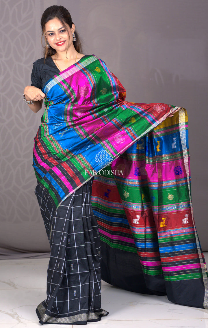 "RANG MAHAL" HERITAGE BLACK CHECKERED MATSHYA BUTI DOUBLE ANCHAL BERHAMPURI PATTA SAREE