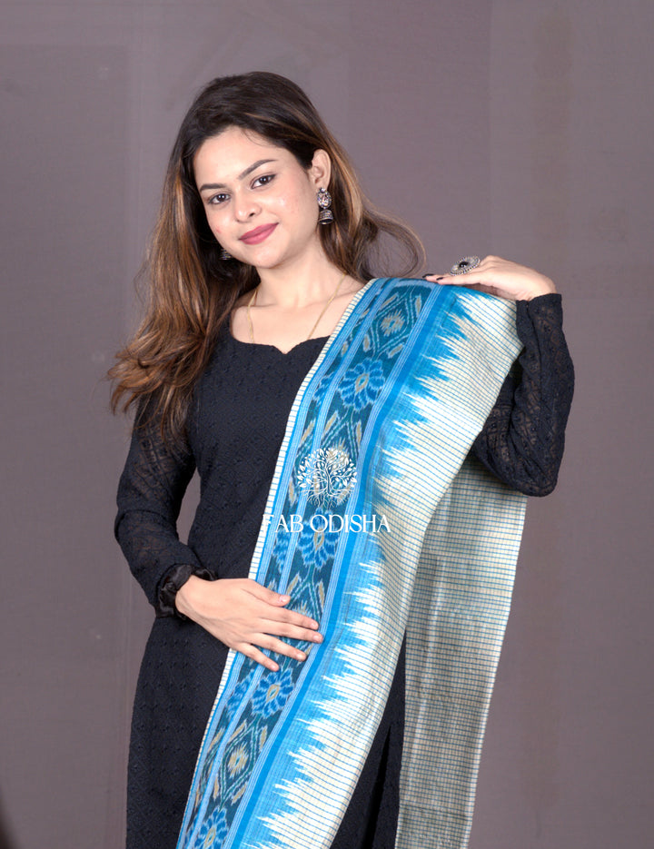 PACIFIC BLUE, TRADITIONAL DAISY BORDER TUSSAR SILK DUPATTA