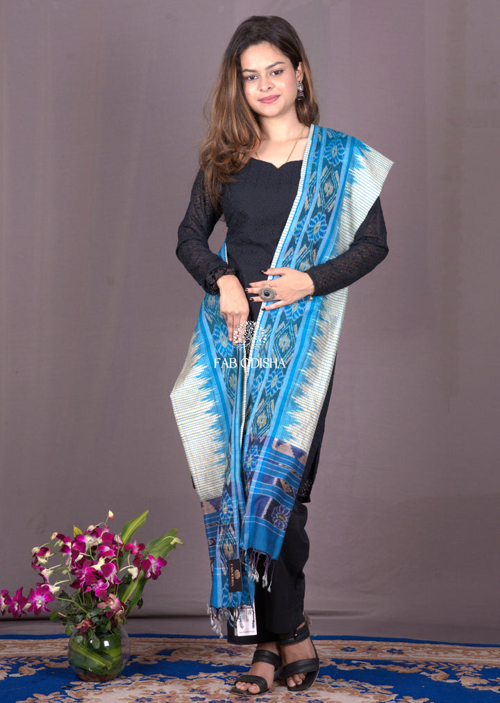 PACIFIC BLUE, TRADITIONAL DAISY BORDER TUSSAR SILK DUPATTA