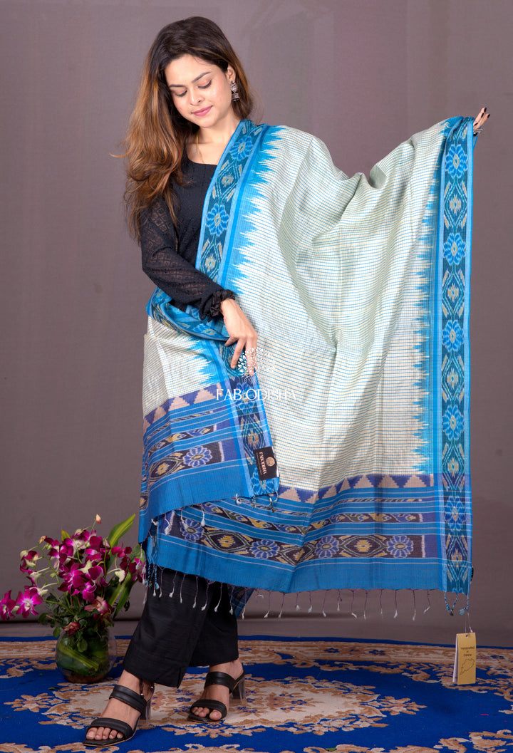 PACIFIC BLUE, TRADITIONAL DAISY BORDER TUSSAR SILK DUPATTA