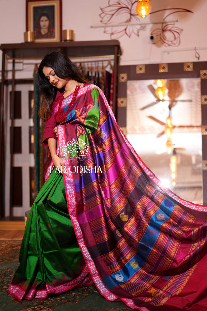 “SADDA BAHAR MINTY GREEN  MASTER WEAVE BERHAMPURI BOMKAI DOUBLE ANCHAL PATTA SILK”