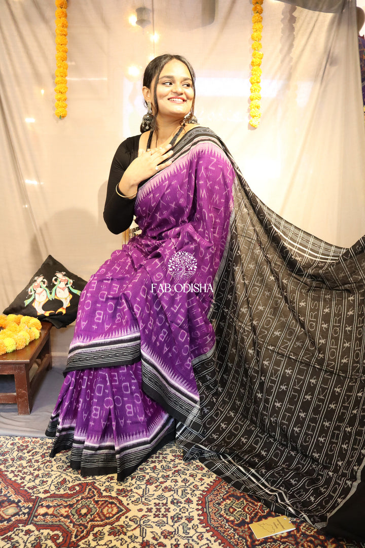 MESMERISING PURPLE ALPHABET SAMBALPURI COTTON SAREE