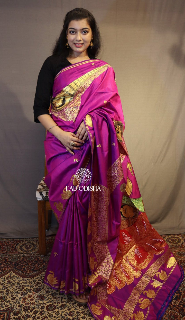 "SARASWATI MAA ON LOTUS" PATTACHITRA PURE SILK SAREE