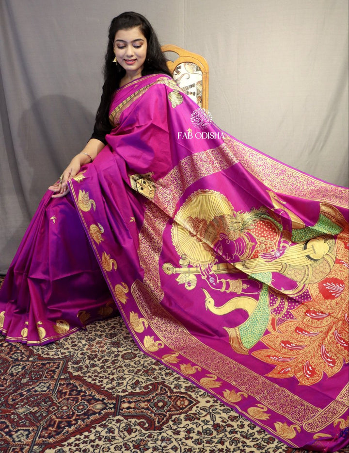 "SARASWATI MAA ON LOTUS" PATTACHITRA PURE SILK SAREE