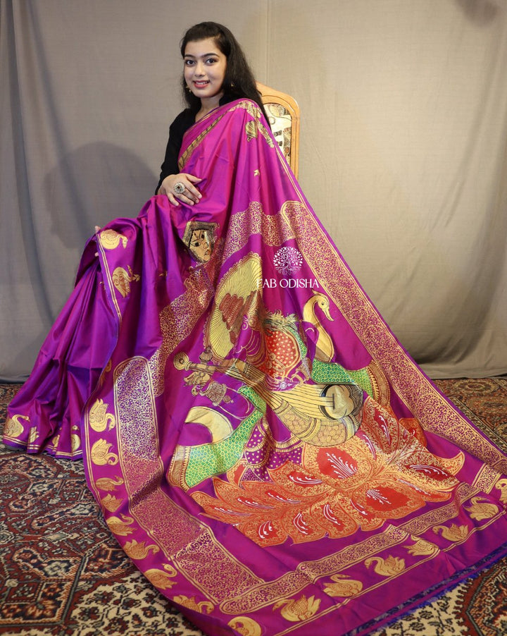 "SARASWATI MAA ON LOTUS" PATTACHITRA PURE SILK SAREE
