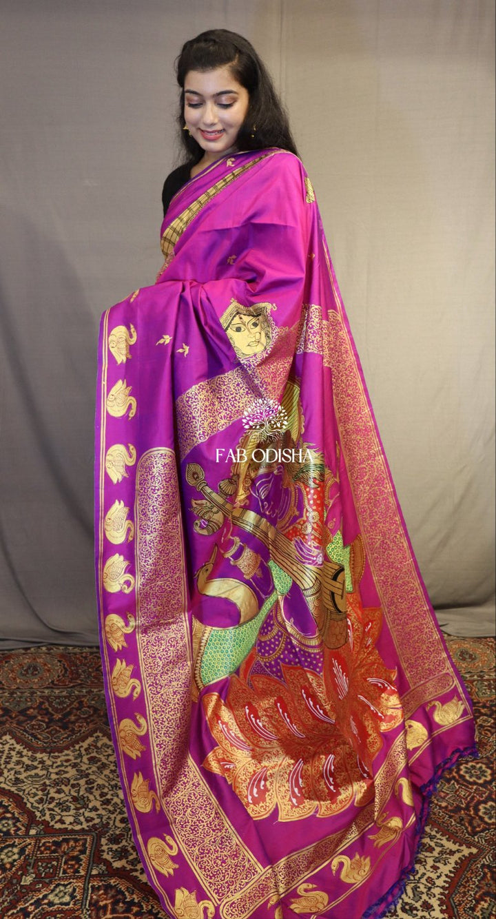 "SARASWATI MAA ON LOTUS" PATTACHITRA PURE SILK SAREE