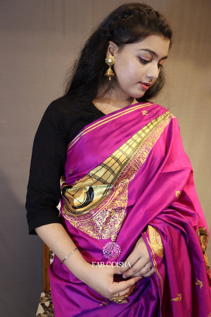 "SARASWATI MAA ON LOTUS" PATTACHITRA PURE SILK SAREE