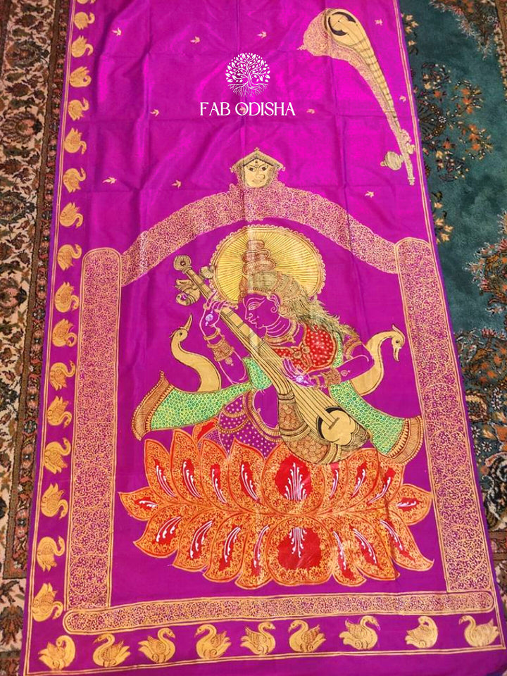 "SARASWATI MAA ON LOTUS" PATTACHITRA PURE SILK SAREE