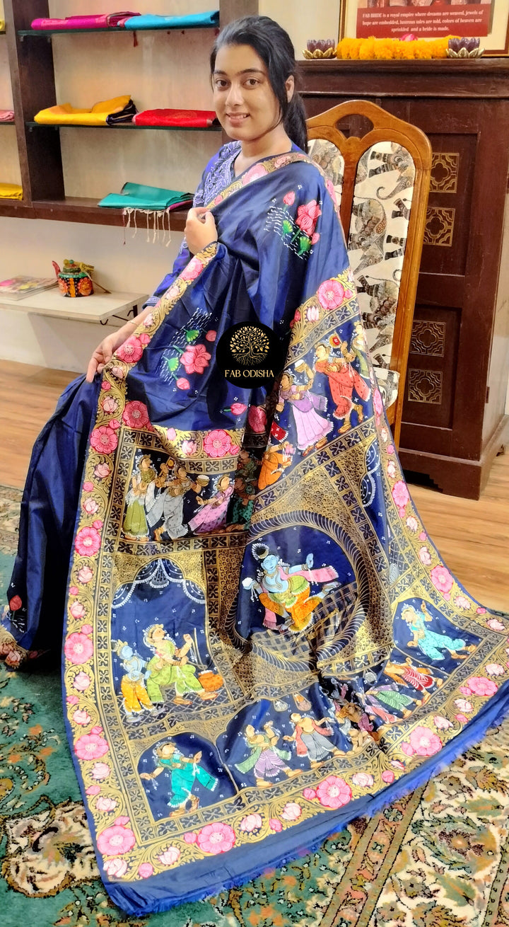 "HOLY JANMAKATHA OF SHREE KRISHNA - NAVY BLUE" PATTACHITRA PURE SILK SAREE