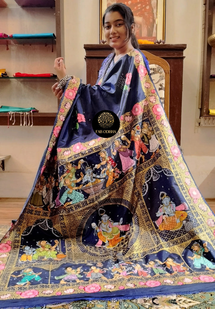 "HOLY JANMAKATHA OF SHREE KRISHNA - NAVY BLUE" PATTACHITRA PURE SILK SAREE