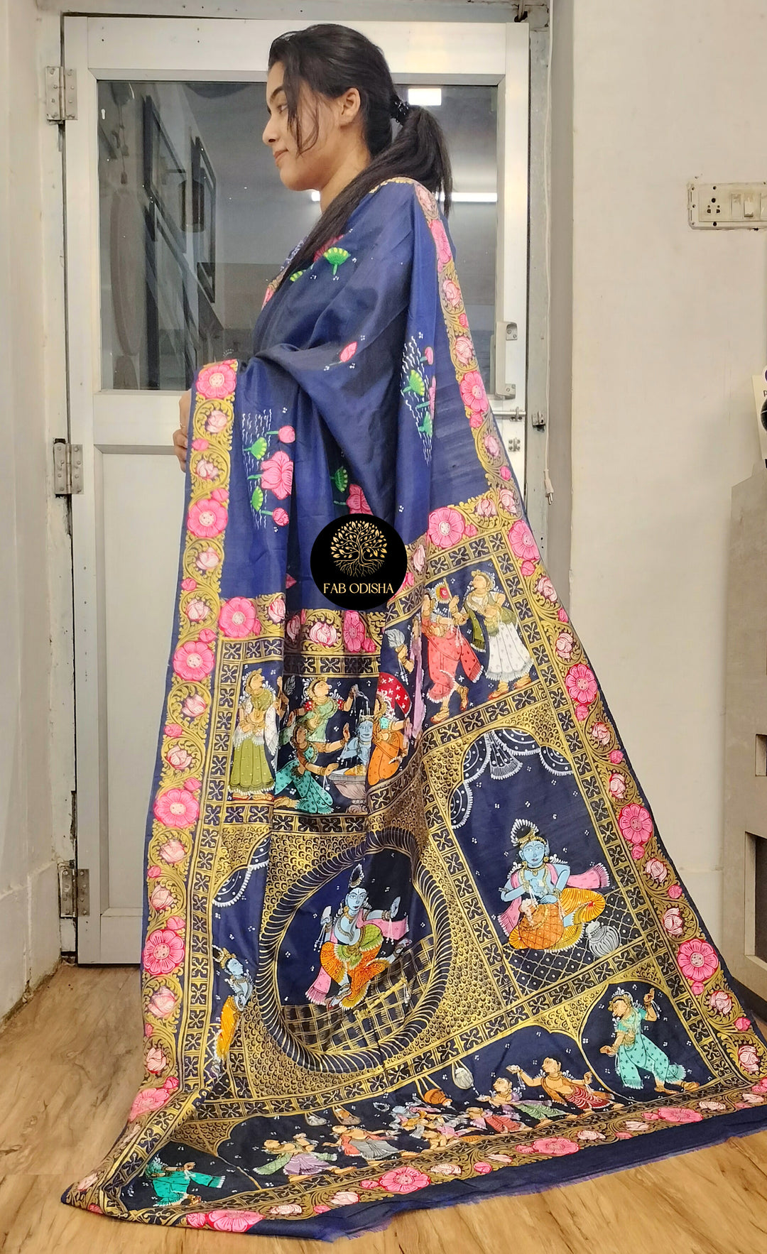"HOLY JANMAKATHA OF SHREE KRISHNA - NAVY BLUE" PATTACHITRA PURE SILK SAREE