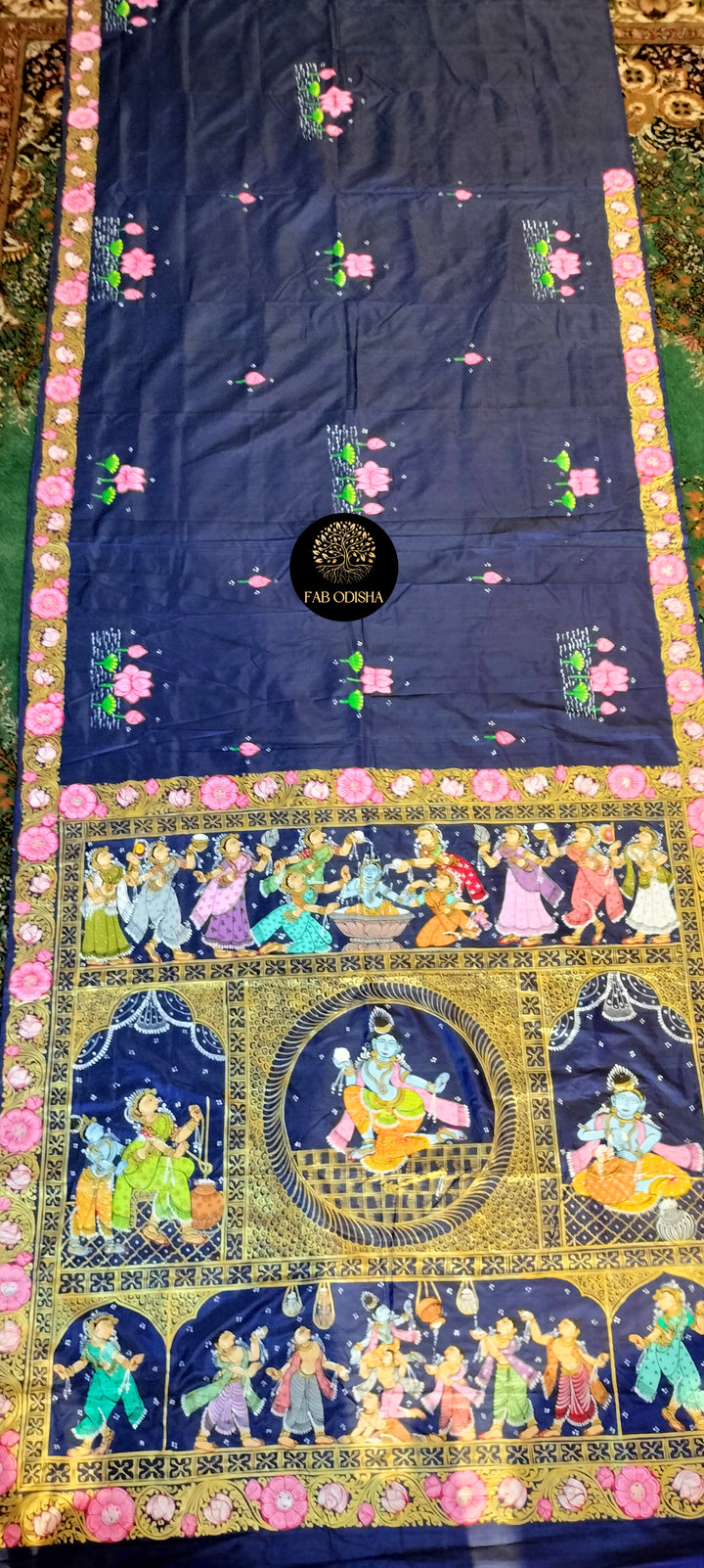 "HOLY JANMAKATHA OF SHREE KRISHNA - NAVY BLUE" PATTACHITRA PURE SILK SAREE