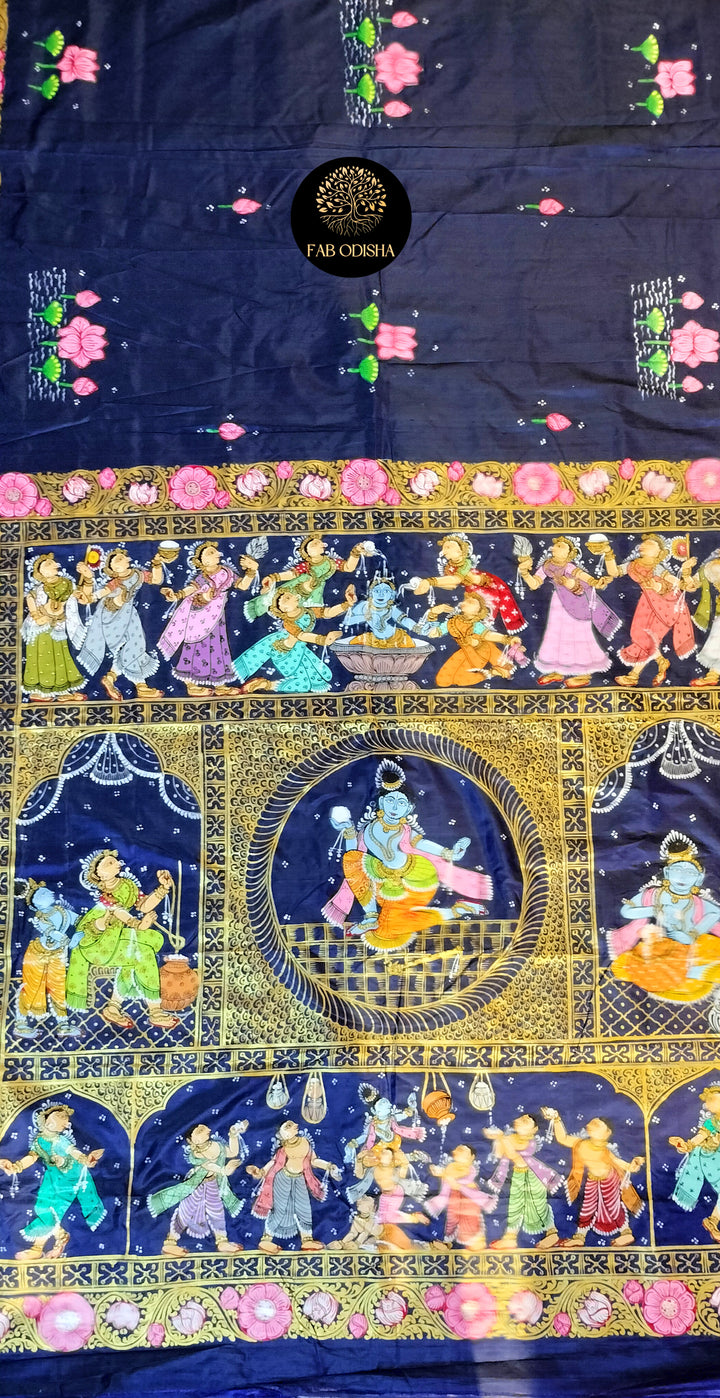 "HOLY JANMAKATHA OF SHREE KRISHNA - NAVY BLUE" PATTACHITRA PURE SILK SAREE