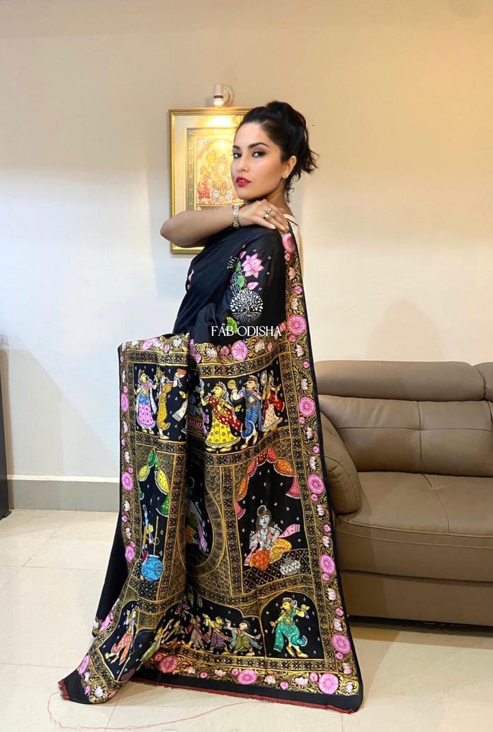 "HOLY JANMAKATHA OF SHREE KRISHNA - (PRE-ORDER) SHINING BLACK" PATTACHITRA PURE SILK SAREE