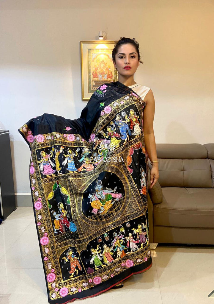 "HOLY JANMAKATHA OF SHREE KRISHNA - (PRE-ORDER) SHINING BLACK" PATTACHITRA PURE SILK SAREE