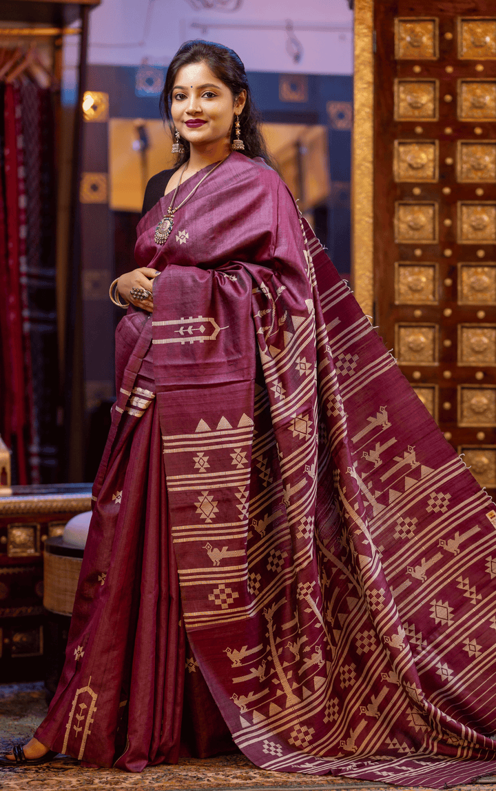 DIVYARANGI SUKRITI BOMKAI HERITAGE FINE TUSSAR HANDLOOM SILK SAREE