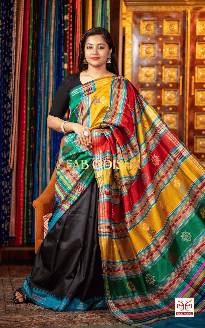 BLACK NAKSHETRA EXCLUSIVE BERHAMPURI DOUBLE AANCHAL PURE SILK PATTA SAREE