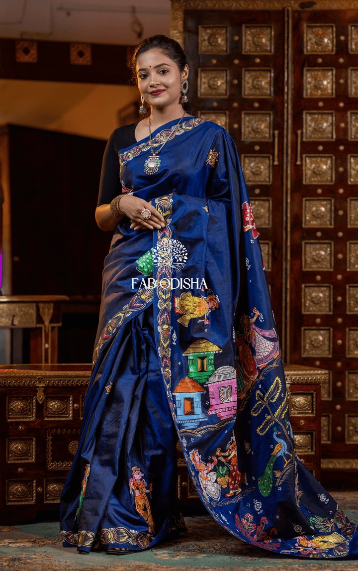 MAYUR PANKHI VANA SHRUSTI PATTACHITRA HANDPAINTED PURE SILK SAREE