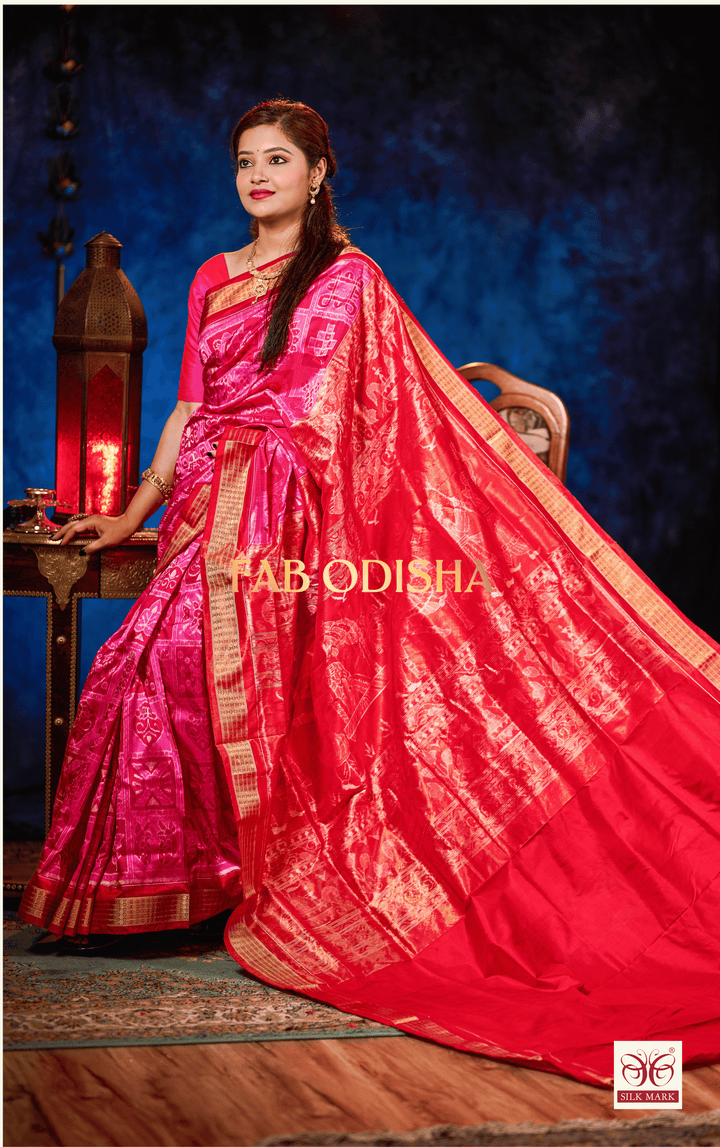 PANKHUDI GULABI DOLI BARAAT AANCHAL SAMBALPURI HANDLOOM PURE SILK TISSUE SAREE